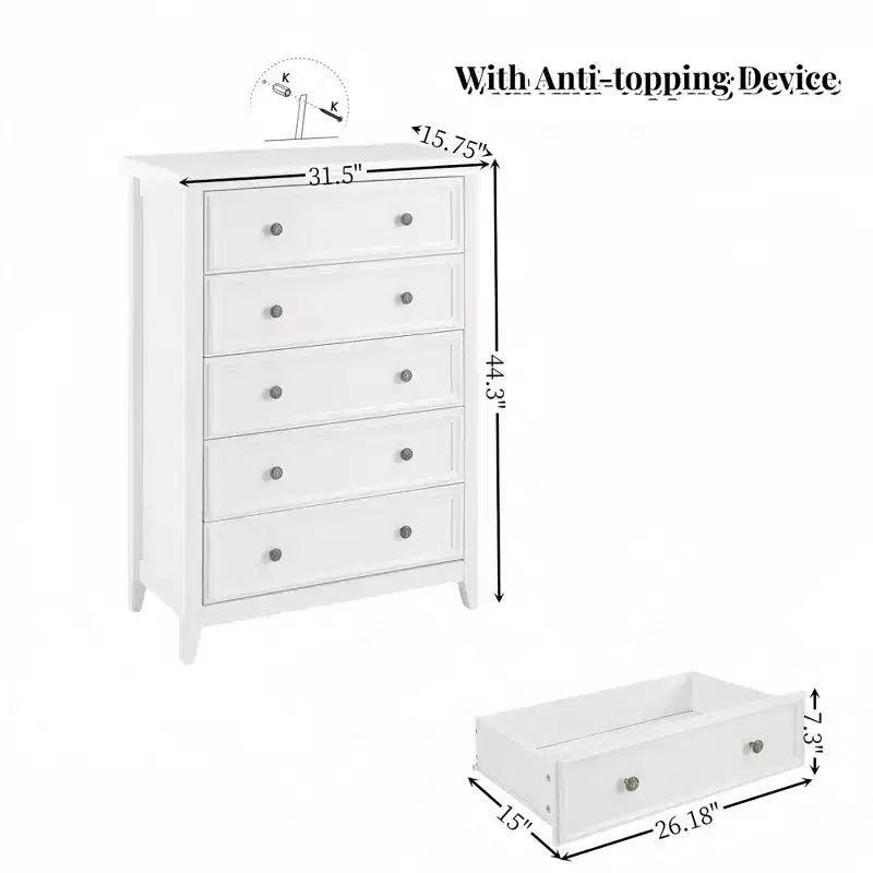 Commode blanche à 5 tiroirs, organisateur de rangement pour vêtements pour salon ou chambre à coucher