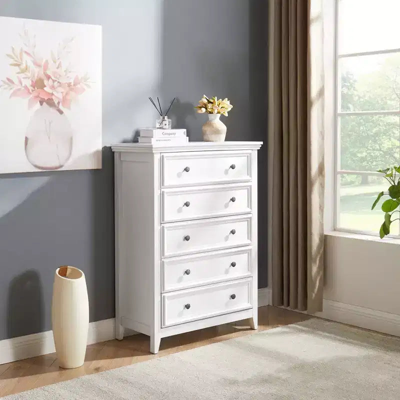 Commode blanche à 5 tiroirs, organisateur de rangement pour vêtements pour salon ou chambre à coucher