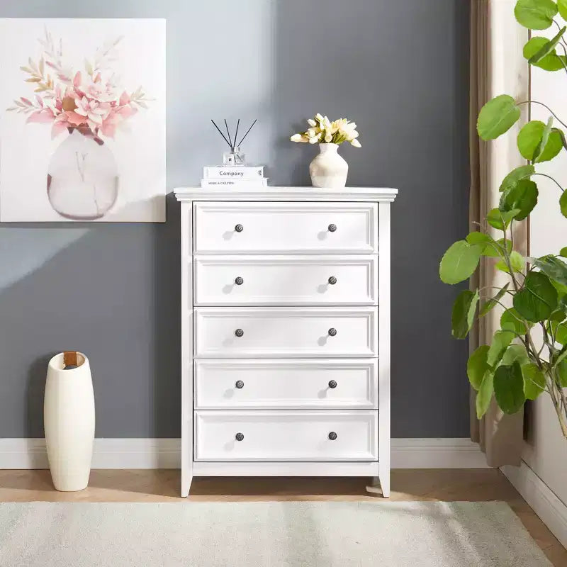Commode blanche à 5 tiroirs, organisateur de rangement pour vêtements pour salon ou chambre à coucher