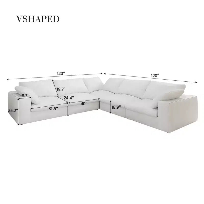 160" Down Filled V-Shape Cloud Sectional Sofa for Living Room, 5 Seaters