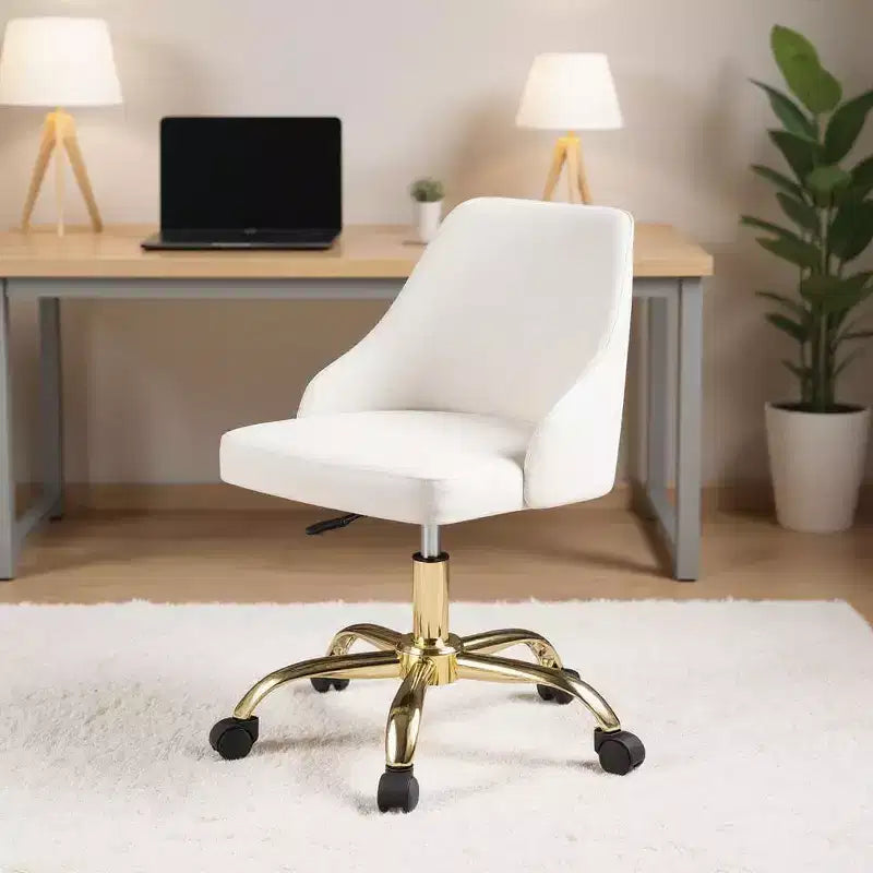 Chaise de bureau pivotante à roulettes en similicuir blanc et or, réglable en hauteur