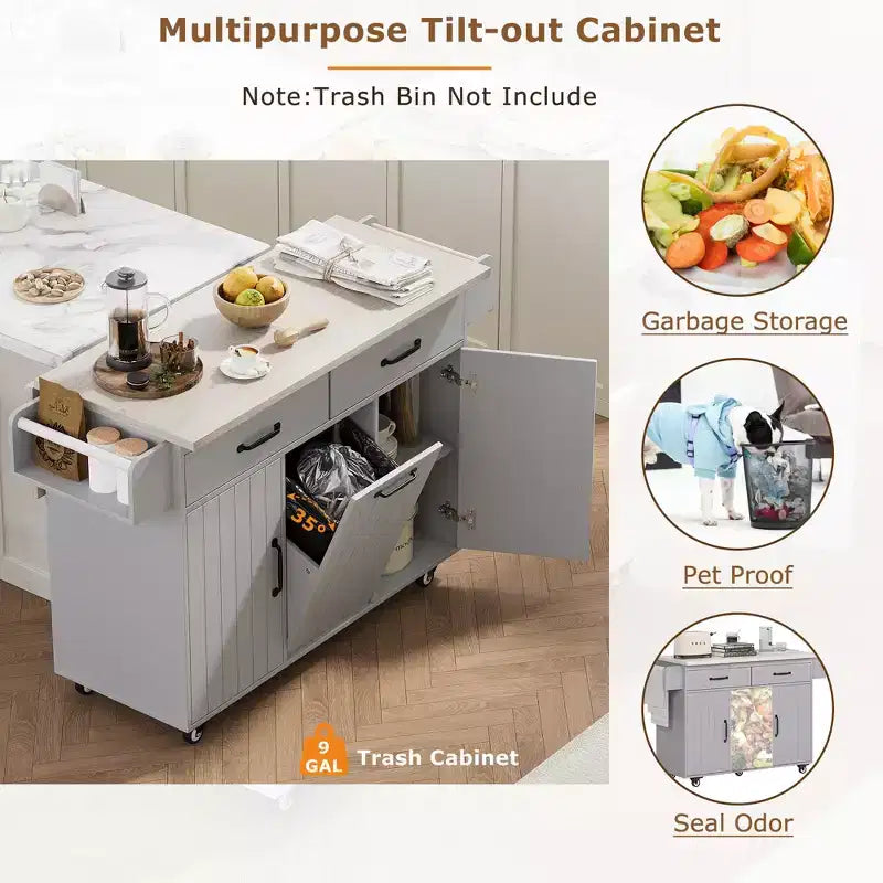 Îlot de cuisine roulant avec armoire de rangement pour poubelle, chariot de cuisine avec abattant, porte-épices, porte-serviettes et tiroir