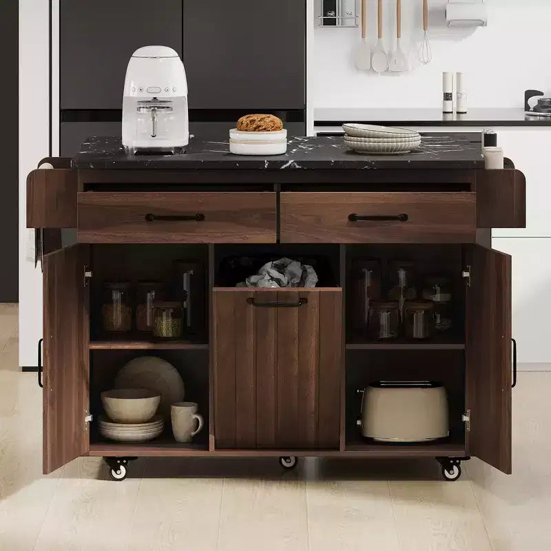 Îlot de cuisine roulant avec armoire de rangement pour poubelle, chariot de cuisine avec abattant, porte-épices, porte-serviettes et tiroir