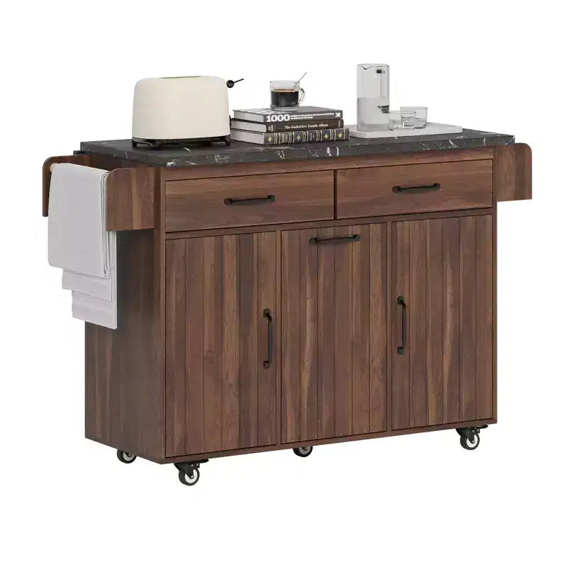 Îlot de cuisine roulant avec armoire de rangement pour poubelle, chariot de cuisine avec abattant, porte-épices, porte-serviettes et tiroir