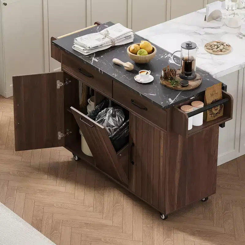 Îlot de cuisine roulant avec armoire de rangement pour poubelle, chariot de cuisine avec abattant, porte-épices, porte-serviettes et tiroir