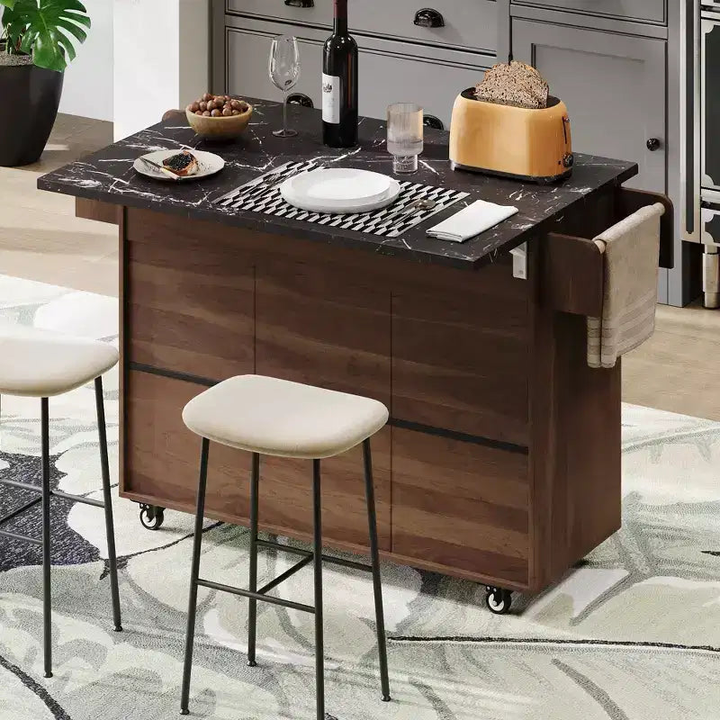 Îlot de cuisine roulant avec armoire de rangement pour poubelle, chariot de cuisine avec abattant, porte-épices, porte-serviettes et tiroir