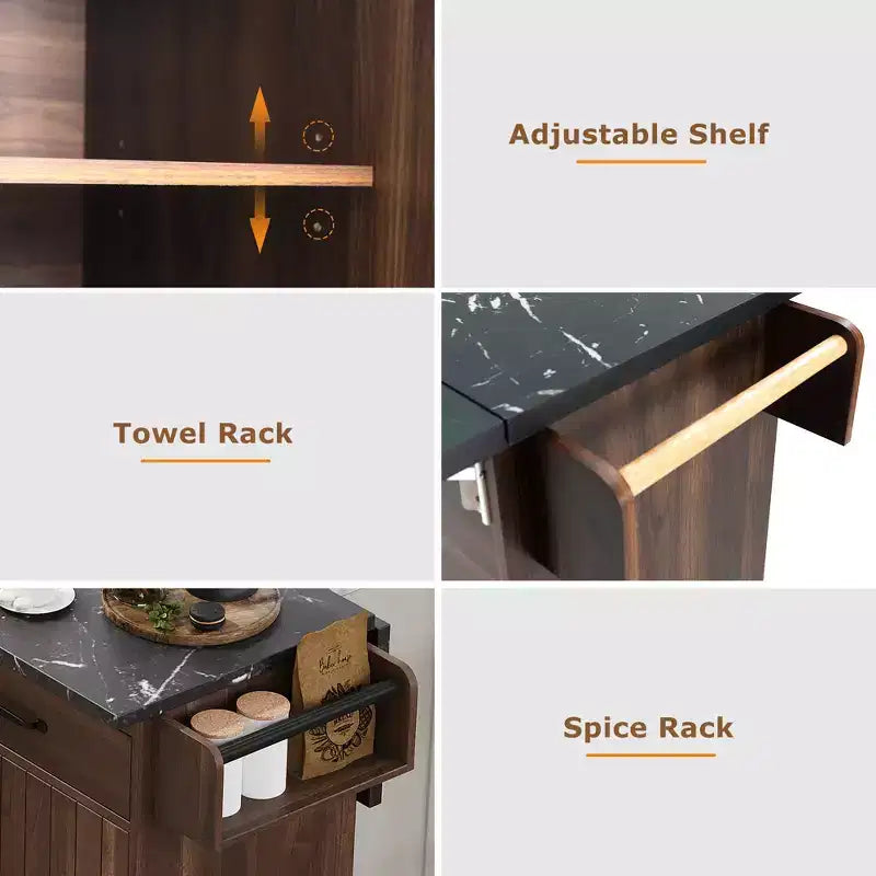 Îlot de cuisine roulant avec armoire de rangement pour poubelle, chariot de cuisine avec abattant, porte-épices, porte-serviettes et tiroir