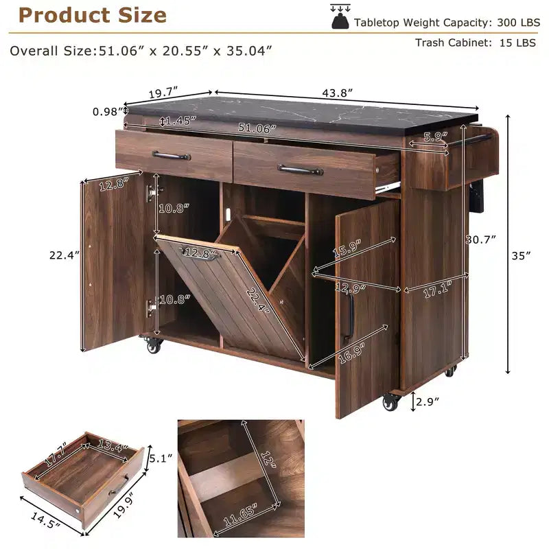 Îlot de cuisine roulant avec armoire de rangement pour poubelle, chariot de cuisine avec abattant, porte-épices, porte-serviettes et tiroir