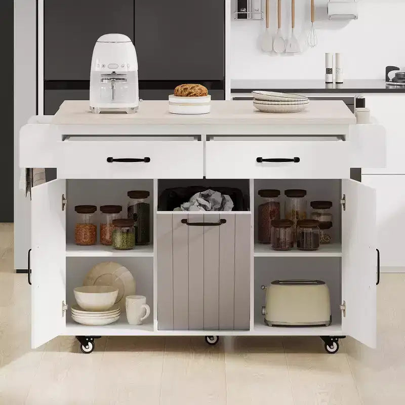 Îlot de cuisine roulant avec armoire de rangement pour poubelle, chariot de cuisine avec abattant, porte-épices, porte-serviettes et tiroir