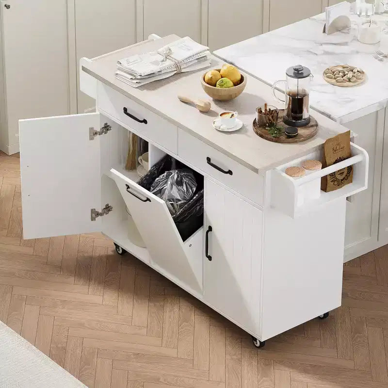 Îlot de cuisine roulant avec armoire de rangement pour poubelle, chariot de cuisine avec abattant, porte-épices, porte-serviettes et tiroir