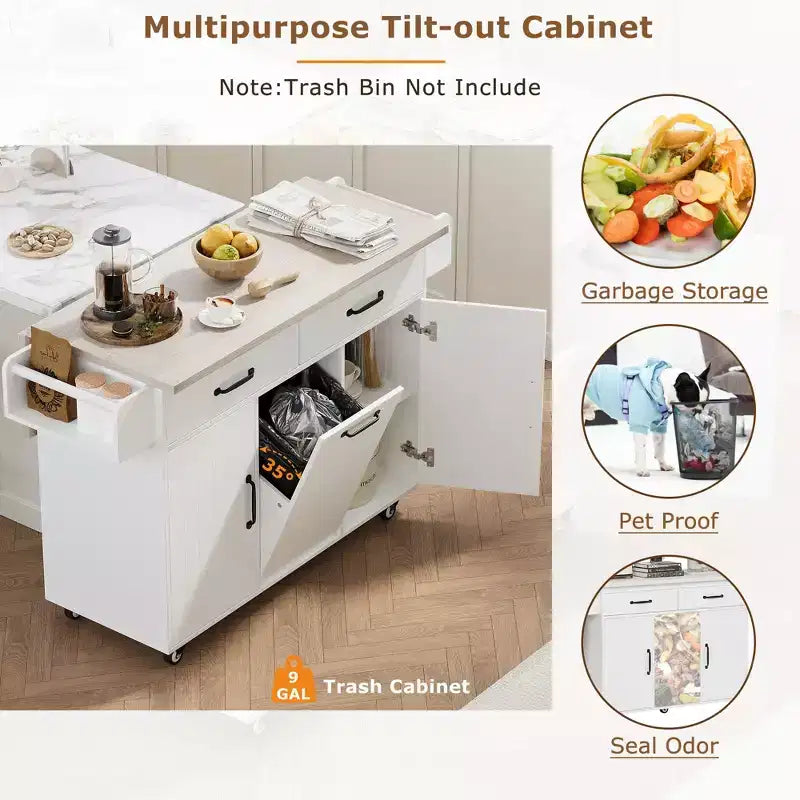 Îlot de cuisine roulant avec armoire de rangement pour poubelle, chariot de cuisine avec abattant, porte-épices, porte-serviettes et tiroir