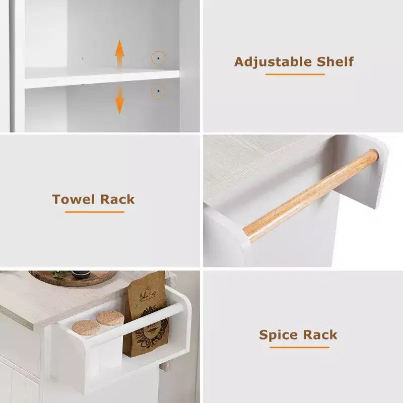 Îlot de cuisine roulant avec armoire de rangement pour poubelle, chariot de cuisine avec abattant, porte-épices, porte-serviettes et tiroir