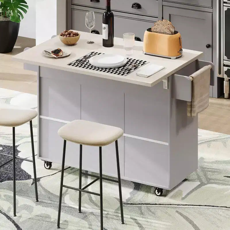 Îlot de cuisine roulant avec armoire de rangement pour poubelle, chariot de cuisine avec abattant, porte-épices, porte-serviettes et tiroir
