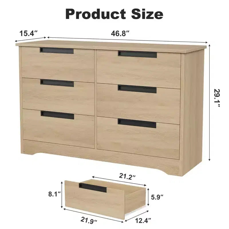 Commode double en bois naturel à 6 tiroirs, rangement moderne avec poignées encastrées pour chambre ou salon