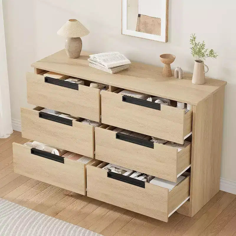 Commode double en bois naturel à 6 tiroirs, rangement moderne avec poignées encastrées pour chambre ou salon