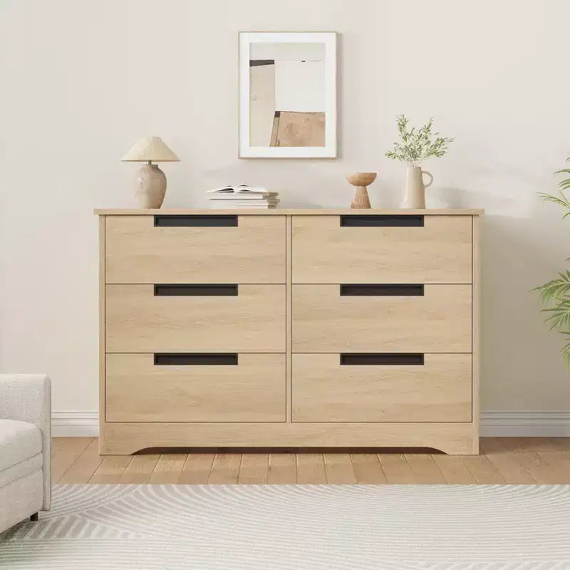 Commode double en bois naturel à 6 tiroirs, rangement moderne avec poignées encastrées pour chambre ou salon