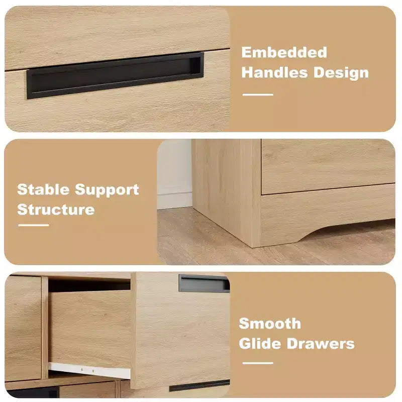 Commode double en bois naturel à 6 tiroirs, rangement moderne avec poignées encastrées pour chambre ou salon
