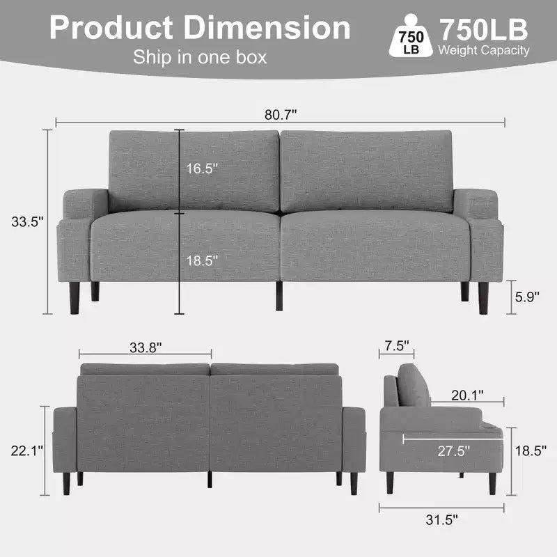 Canapé deux places moderne de 80" avec porte-gobelets et poches latérales, assise profonde pour le salon