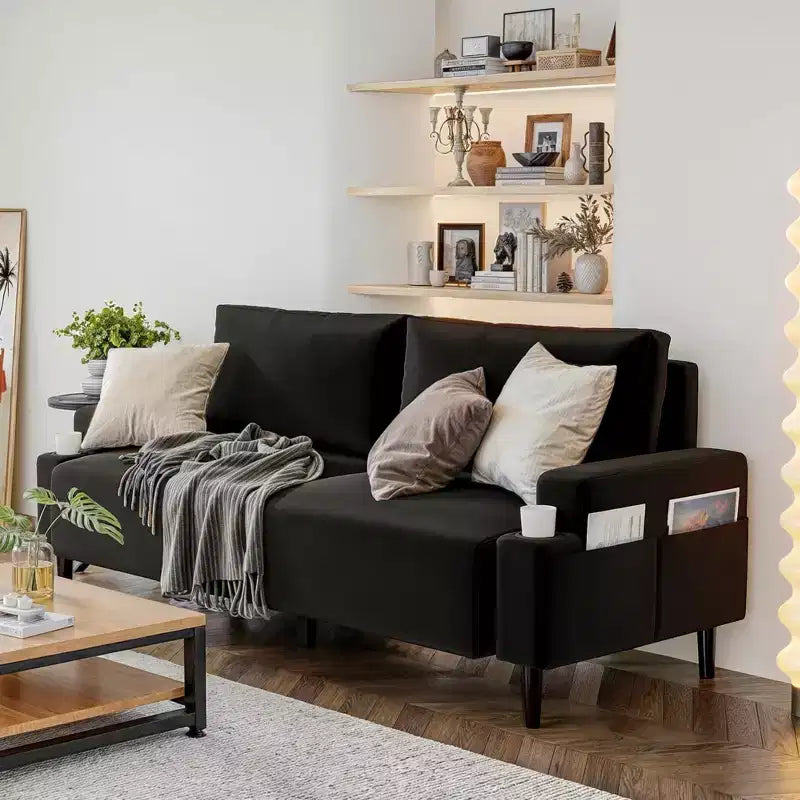 Canapé deux places moderne de 80" avec porte-gobelets et poches latérales, assise profonde pour le salon