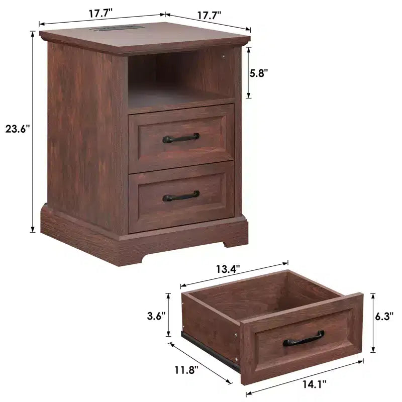 Modern Rustic Nightstand with Charging Station and 2 Drawers