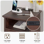 Table de chevet rustique moderne avec station de charge et 2 tiroirs