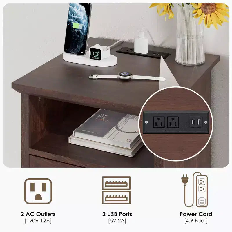 Modern Rustic Nightstand with Charging Station and 2 Drawers