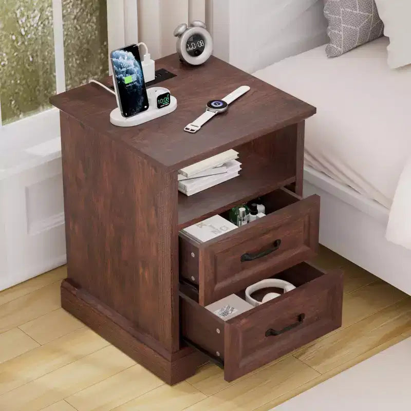 Modern Rustic Nightstand with Charging Station and 2 Drawers