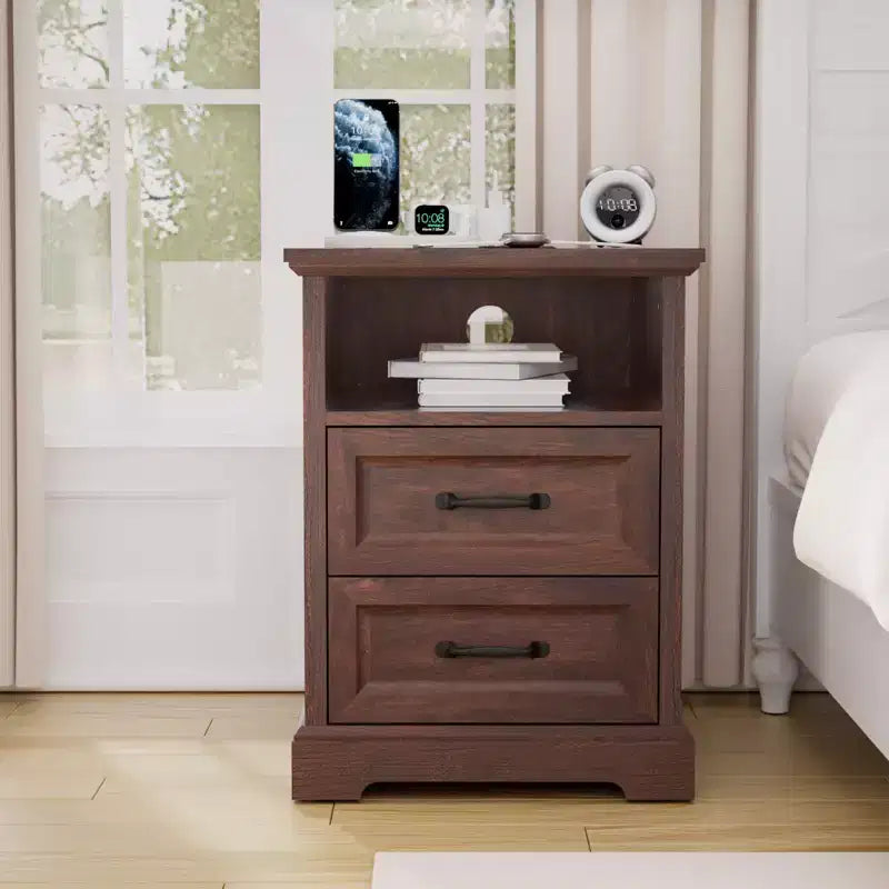 Modern Rustic Nightstand with Charging Station and 2 Drawers