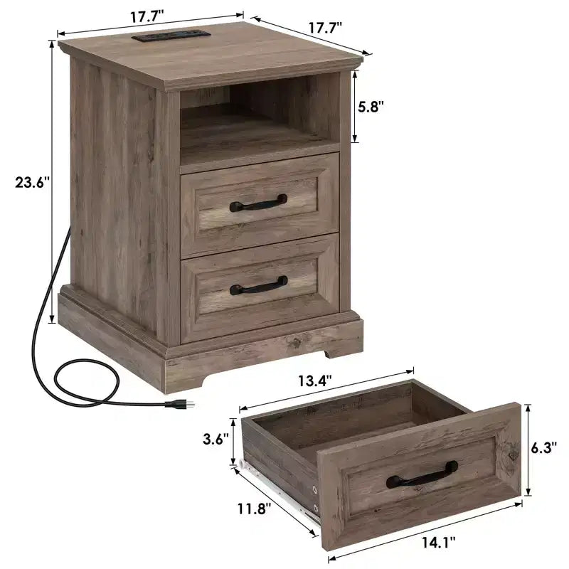 Modern Rustic Nightstand with Charging Station and 2 Drawers
