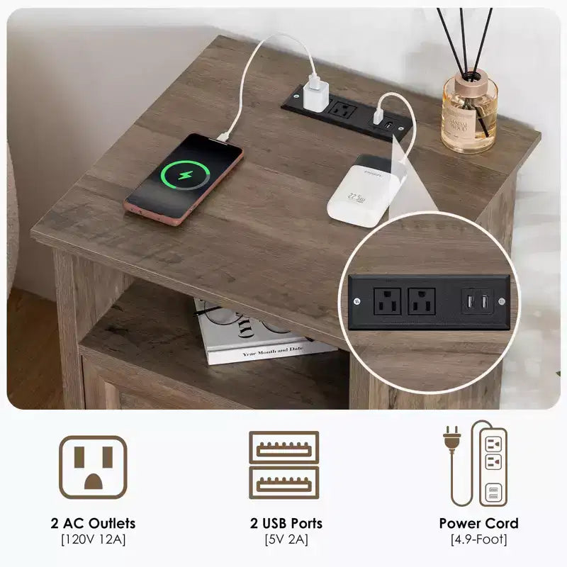 Modern Rustic Nightstand with Charging Station and 2 Drawers