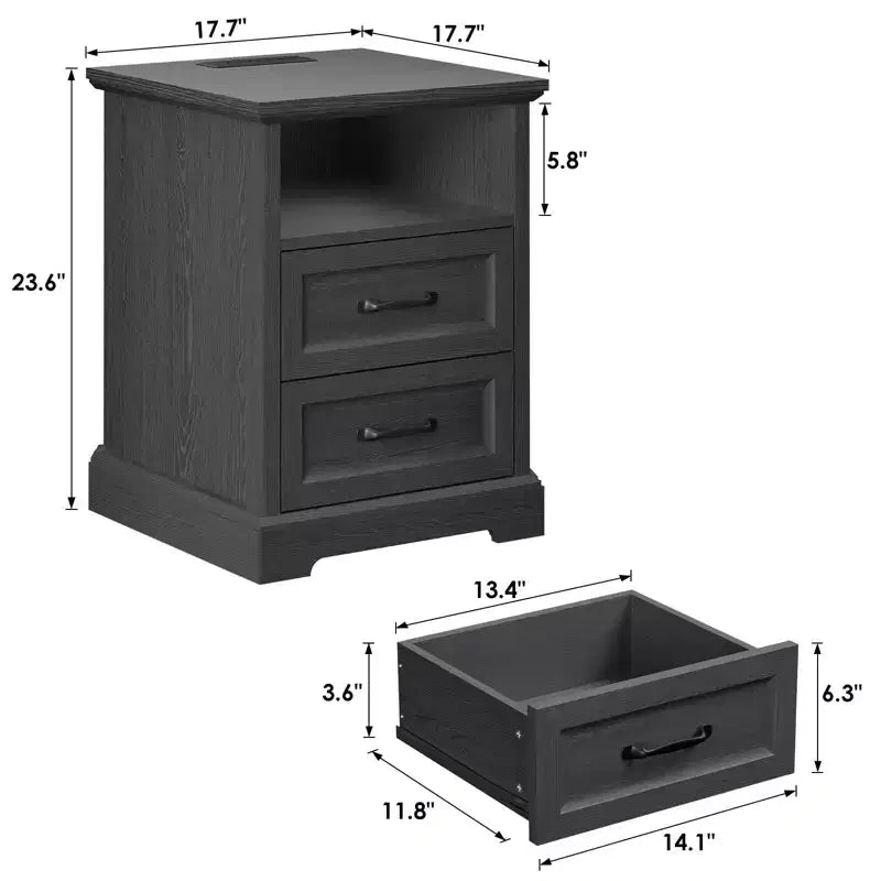 Modern Rustic Nightstand with Charging Station and 2 Drawers