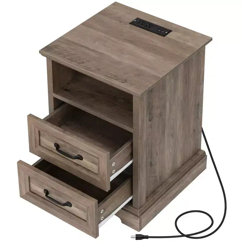 Modern Rustic Nightstand with Charging Station and 2 Drawers