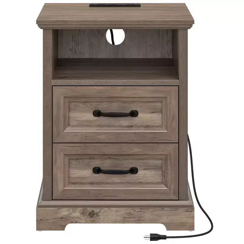 Modern Rustic Nightstand with Charging Station and 2 Drawers