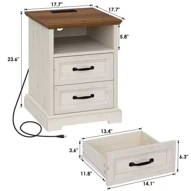 Modern Rustic Nightstand with Charging Station and 2 Drawers