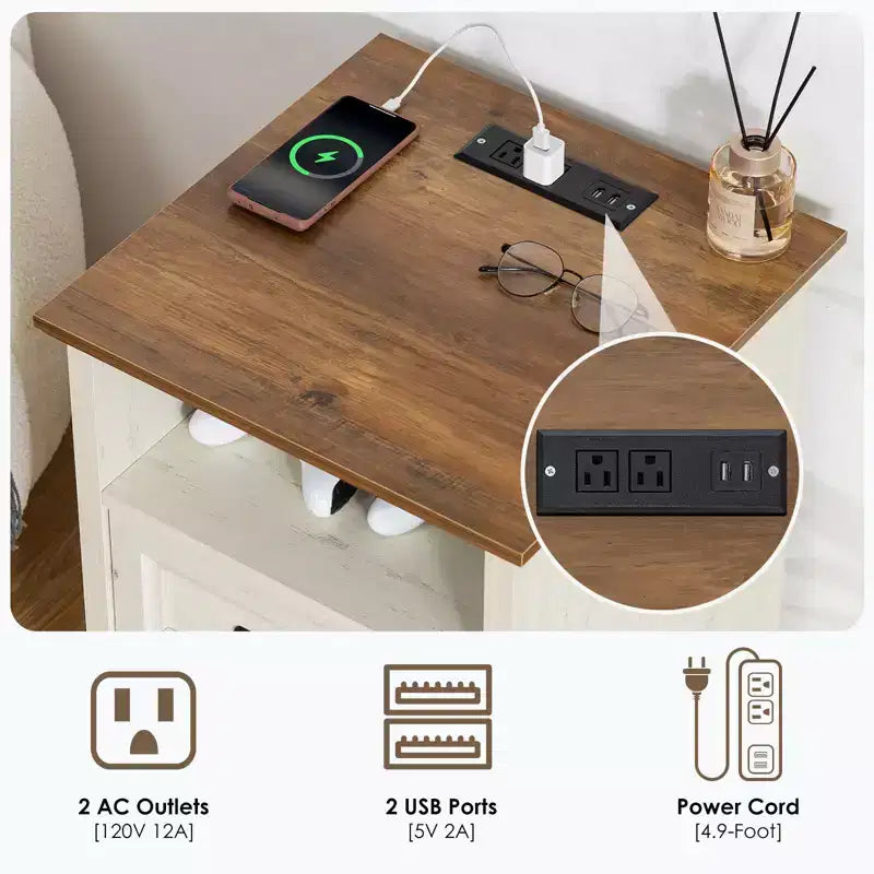 Modern Rustic Nightstand with Charging Station and 2 Drawers