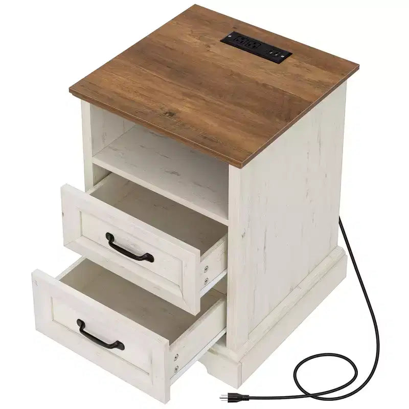 Modern Rustic Nightstand with Charging Station and 2 Drawers