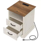 Table de chevet rustique moderne avec station de charge et 2 tiroirs