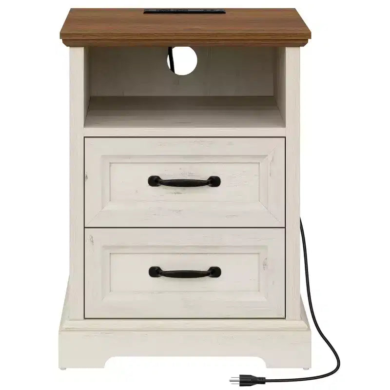 Modern Rustic Nightstand with Charging Station and 2 Drawers