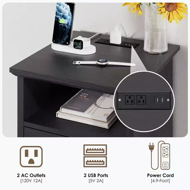 Modern Rustic Nightstand with Charging Station and 2 Drawers