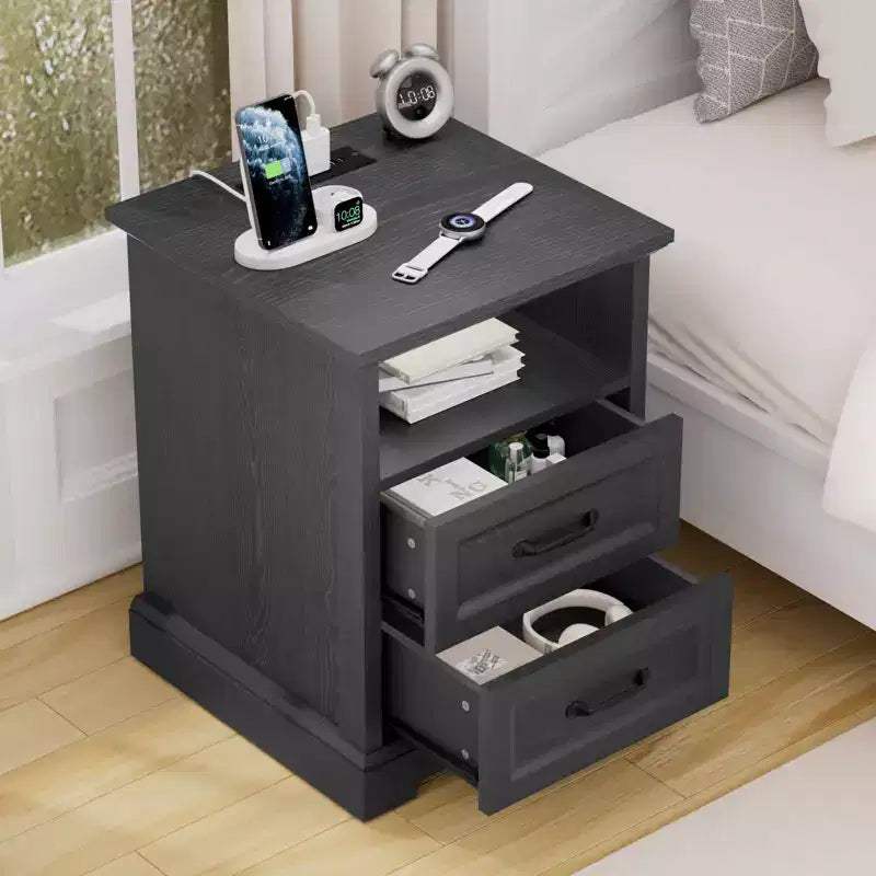 Modern Rustic Nightstand with Charging Station and 2 Drawers