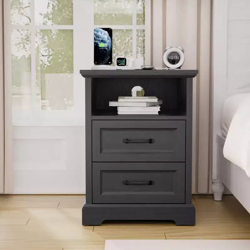 Modern Rustic Nightstand with Charging Station and 2 Drawers