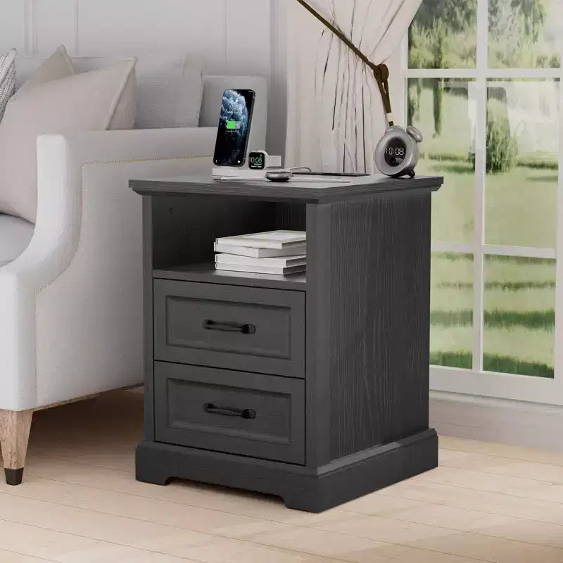 Modern Rustic Nightstand with Charging Station and 2 Drawers