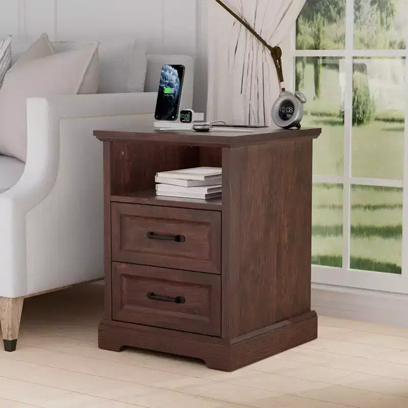 Table de chevet rustique moderne avec station de charge et 2 tiroirs