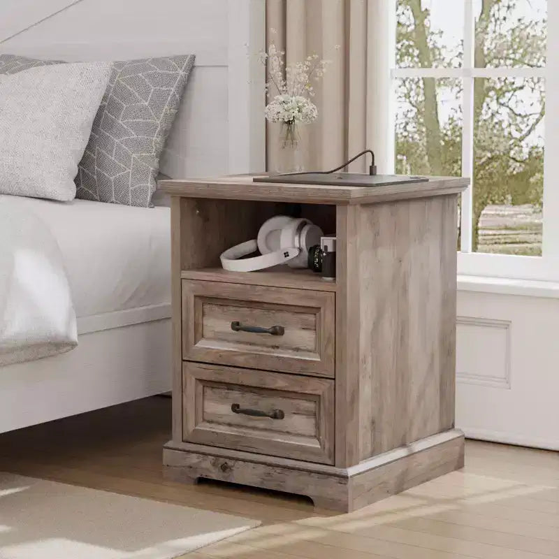 Hommpa Modern Rustic Bedside Table Nightstand with Charging Station, 2 Drawers & Storage