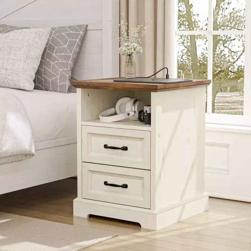 Table de chevet rustique moderne avec station de charge et 2 tiroirs