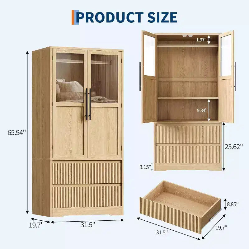 Wardrobe Closet with Glass Wave Panel Doors 2 Drawers and Shelves Natural Wood Tone