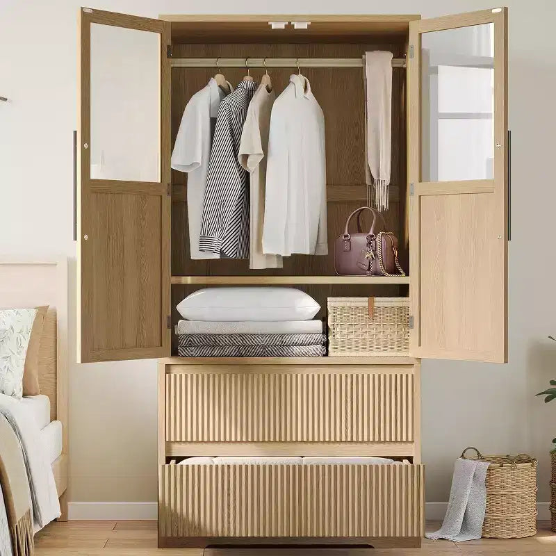 Wardrobe Closet with Glass Wave Panel Doors 2 Drawers and Shelves Natural Wood Tone