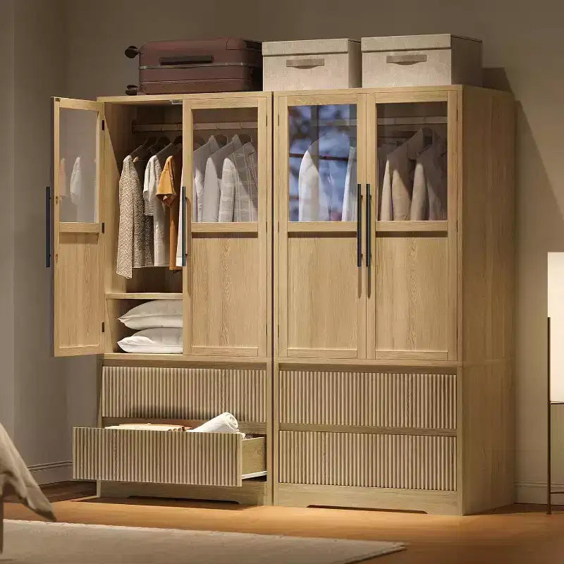 Wardrobe Closet with Glass Wave Panel Doors 2 Drawers and Shelves Natural Wood Tone