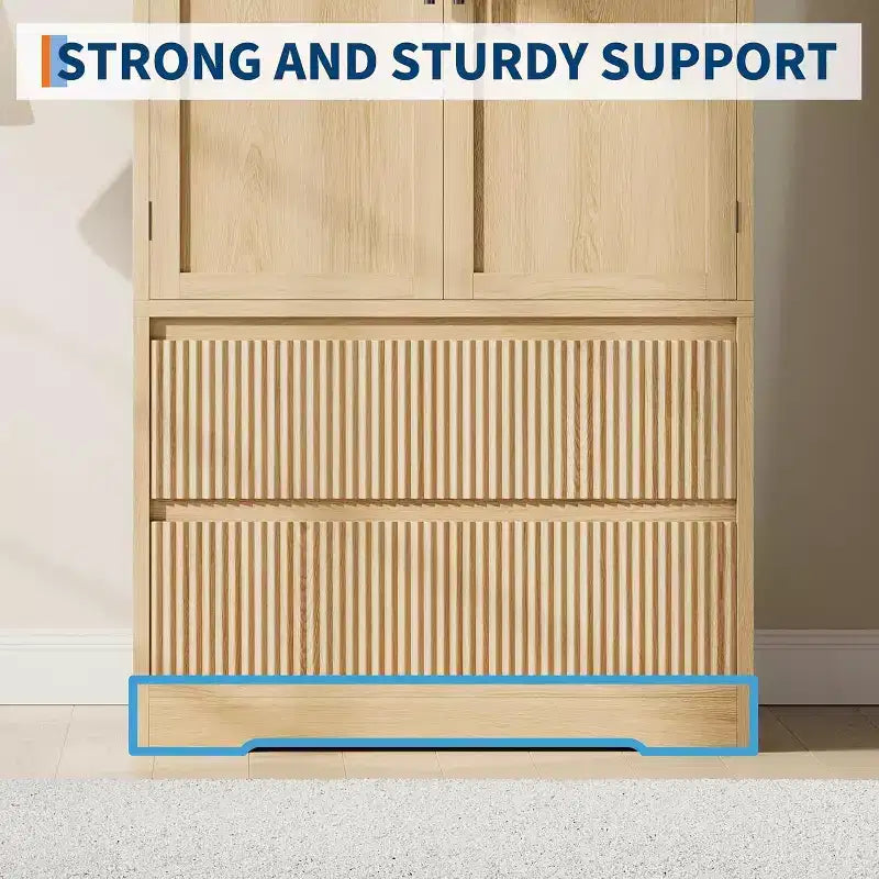 Wardrobe Closet with Glass Wave Panel Doors 2 Drawers and Shelves Natural Wood Tone