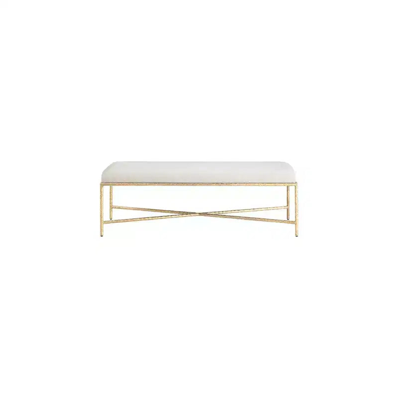 Banc rembourré en tissu chenille beige avec structure en fer laitonné, 137 cm